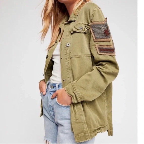 Free People Jackets & Blazers - Free People Oversized Embellished Military Jacket Patch XS Boho